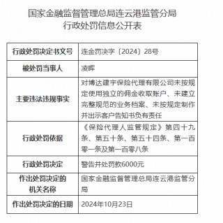 博达建宇保险 *** 有限公司被罚2.5万元：因未按规定使用独立的佣金收取账户等违法违规行为