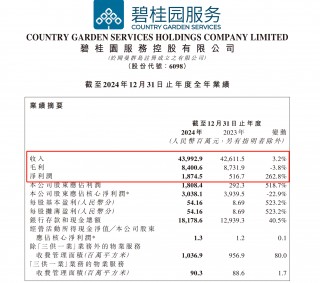 碧桂园服务全年净利润18.1亿元人民币，同比增加262.8%