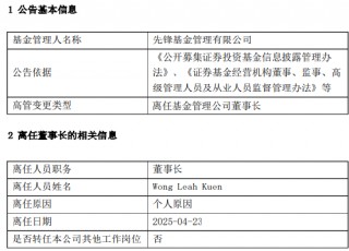 先锋基金高管生变：董事长Wong Leah Kuen、副总经理兼首席信息官吴越离任