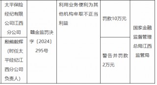 太平保险经纪江西分公司被罚10万元：因利用业务便利为其他机构牟取不正当利益