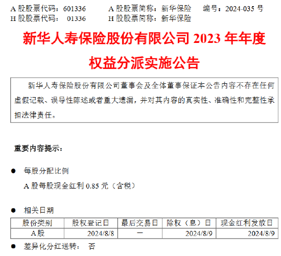 新华保险：8月9日A股每股派发现金红利0.85元  第1张