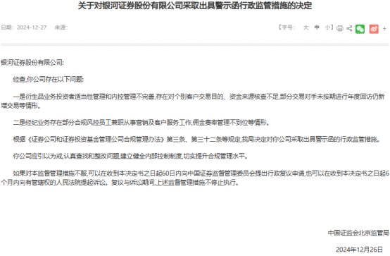 中国银河收警示函 衍生品业务内控管理不完善等  第1张