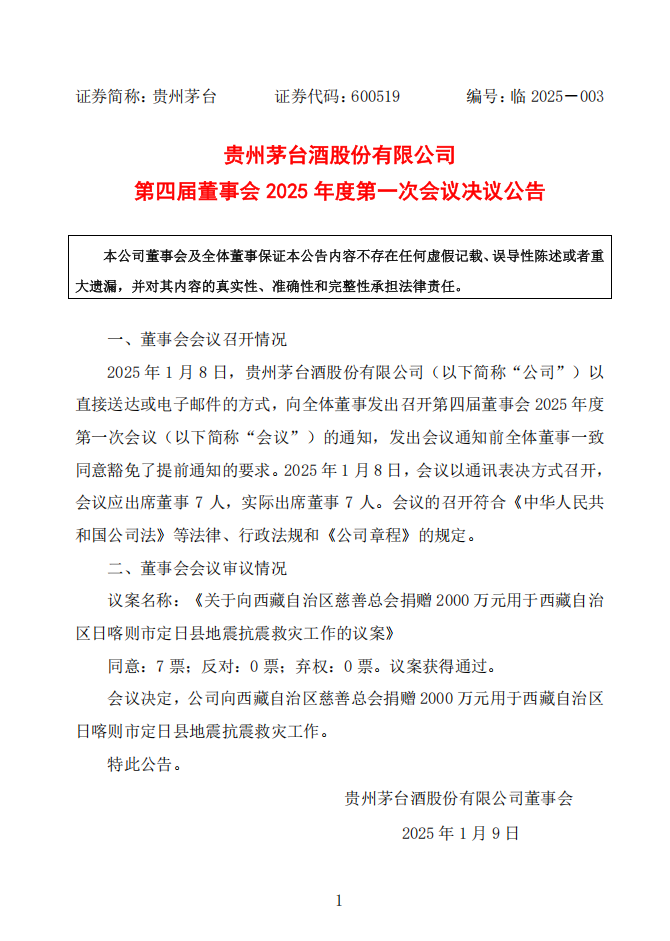 茅台向 *** 日喀则市定日县捐赠2200万元，用于抗震救灾  第1张