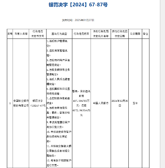 中国农业银行被罚没5160.5万元 涉及违反账户管理规定等12项违法行为  第1张