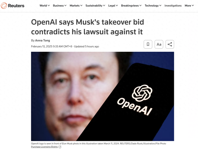 OpenAI质疑马斯克收购要约与诉讼主张矛盾  第1张