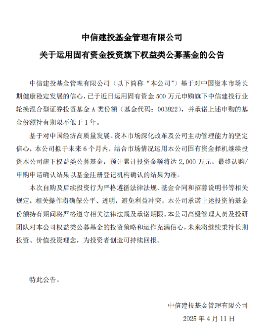 中信建投基金拟出资2000万元自购旗下权益类公募基金  第1张