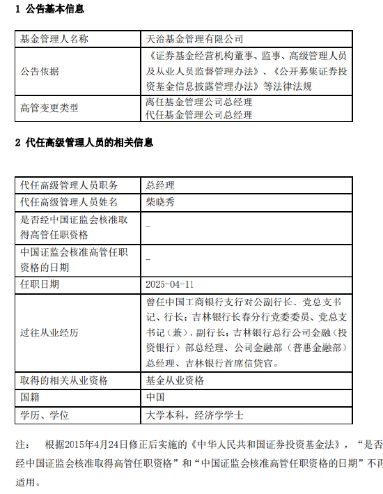 天治基金高管变更：许家涵因个人原因离任 董事长柴晓秀代任总经理职务  第1张