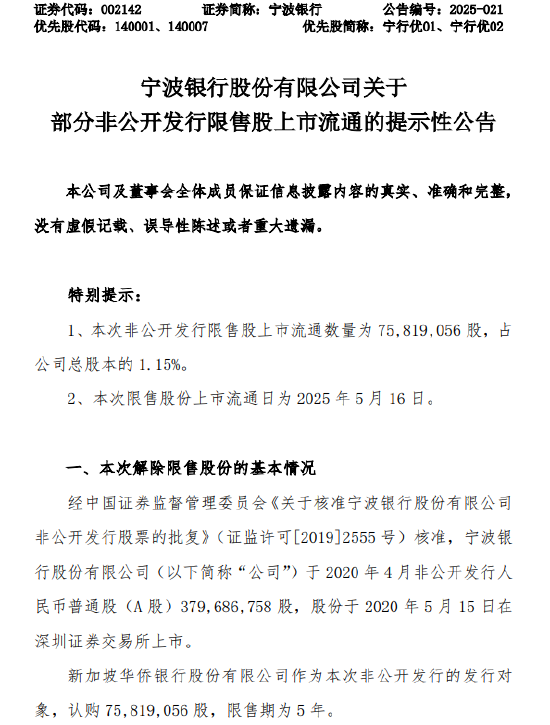 宁波银行：7581.91万股限售股将于5月16日上市流通  第1张