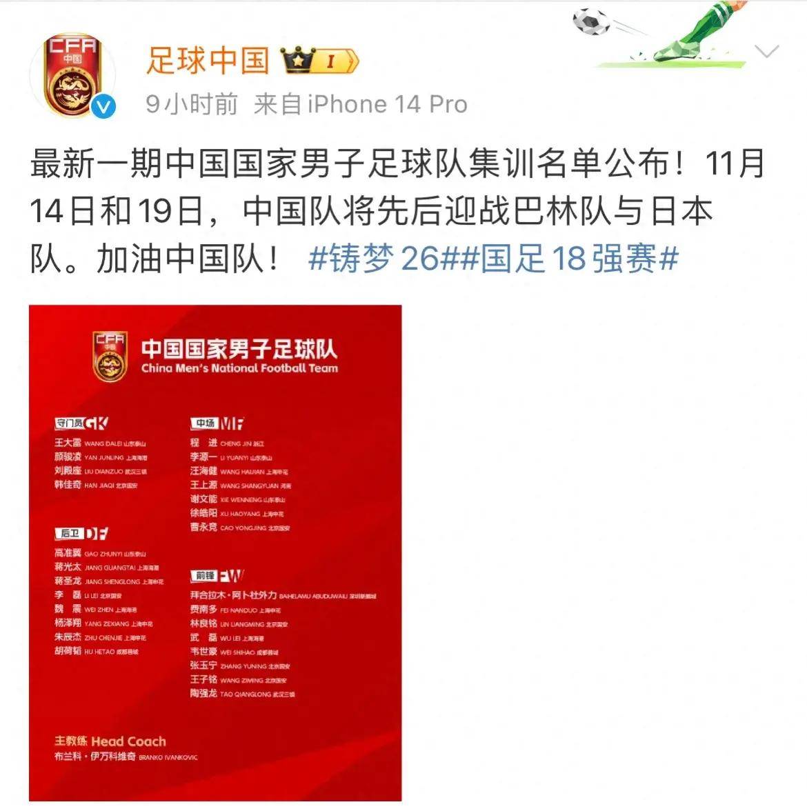 国足最新大名单公布(国足最新名单23人号码)  第1张